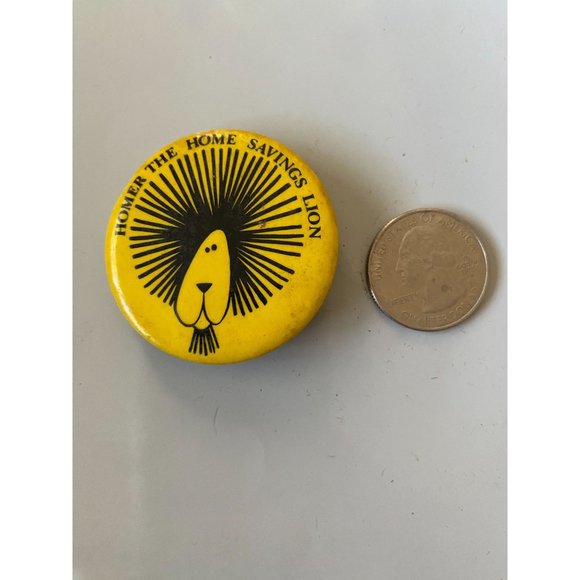 Vintage 1970s HOMER THE HOME SAVINGS LION Cartoon Yellow Pinback Button - Picture 2 of 3